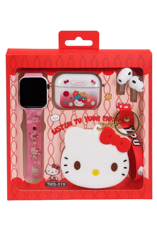 Hello Kitty Smart Watch, Airpods, and Keychain
